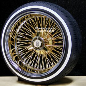 New 17x9" 24KT Gold & Chrome Deep Dish 72 Spoke Knockoff Wire Wheels & Low Profile True Whitewalls Tires Set (4) With Choice Of Hardware