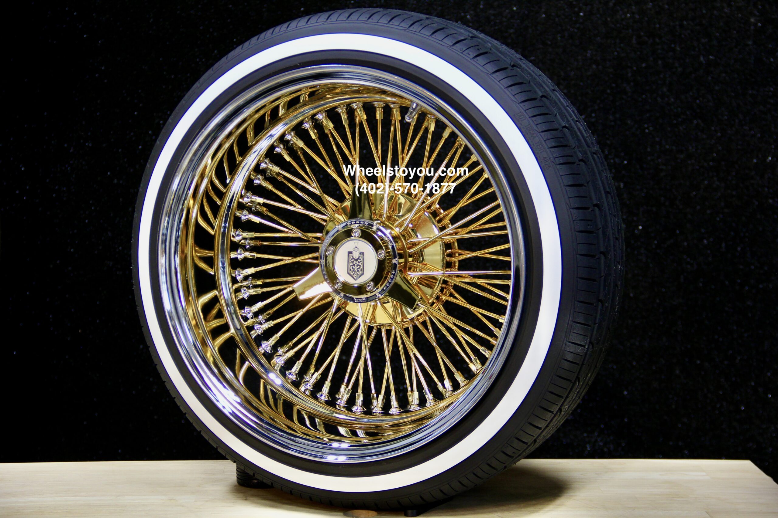New 17x9" 24KT Gold & Chrome Deep Dish 72 Spoke Knockoff Wire Wheels & Low Profile True Whitewalls Tires Set (4) With Choice Of Hardware
