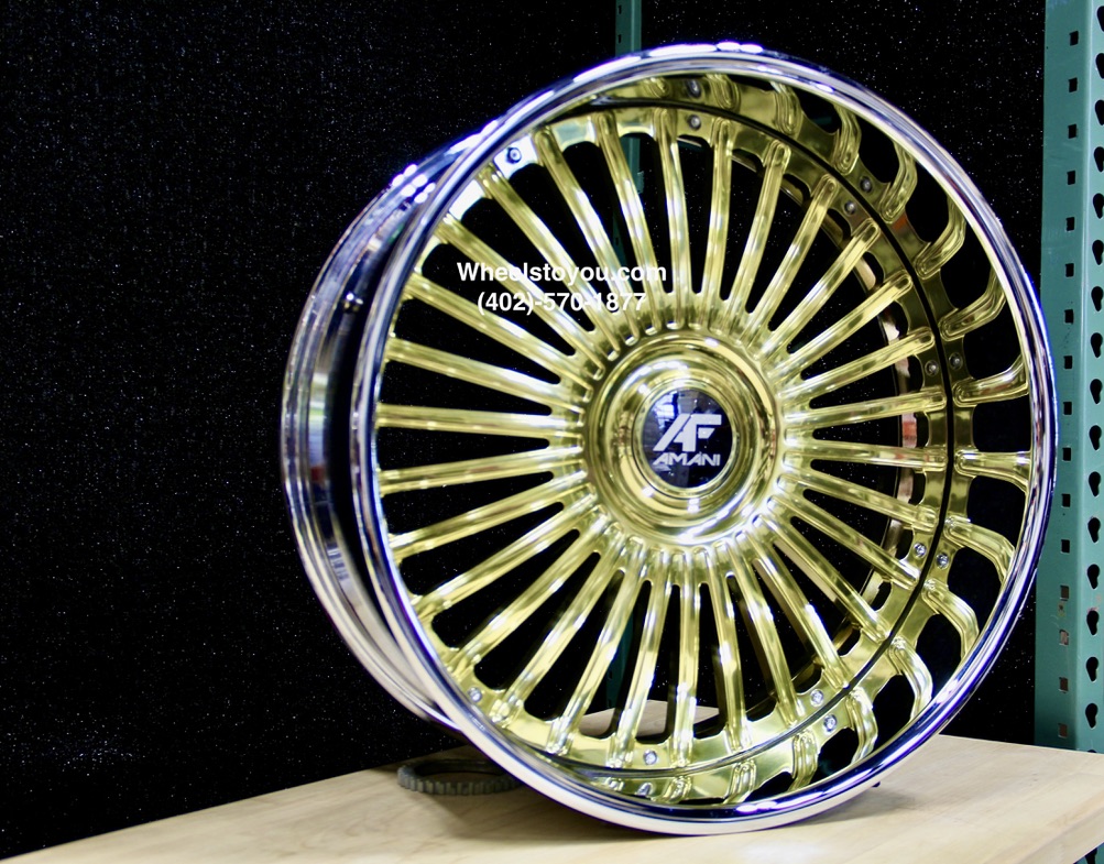 New 24" Staggered Gold & Chrome Floating Cap Amani Forged Wheels 5x4.75 & 5x5" Bolt patterns Set (4) Fit Chevy Chevrolet Caprice Impala Lincoln Mark Continental Donk Buick Oldsmobile Pontiac C10 Box Bubble ETC - Image 2