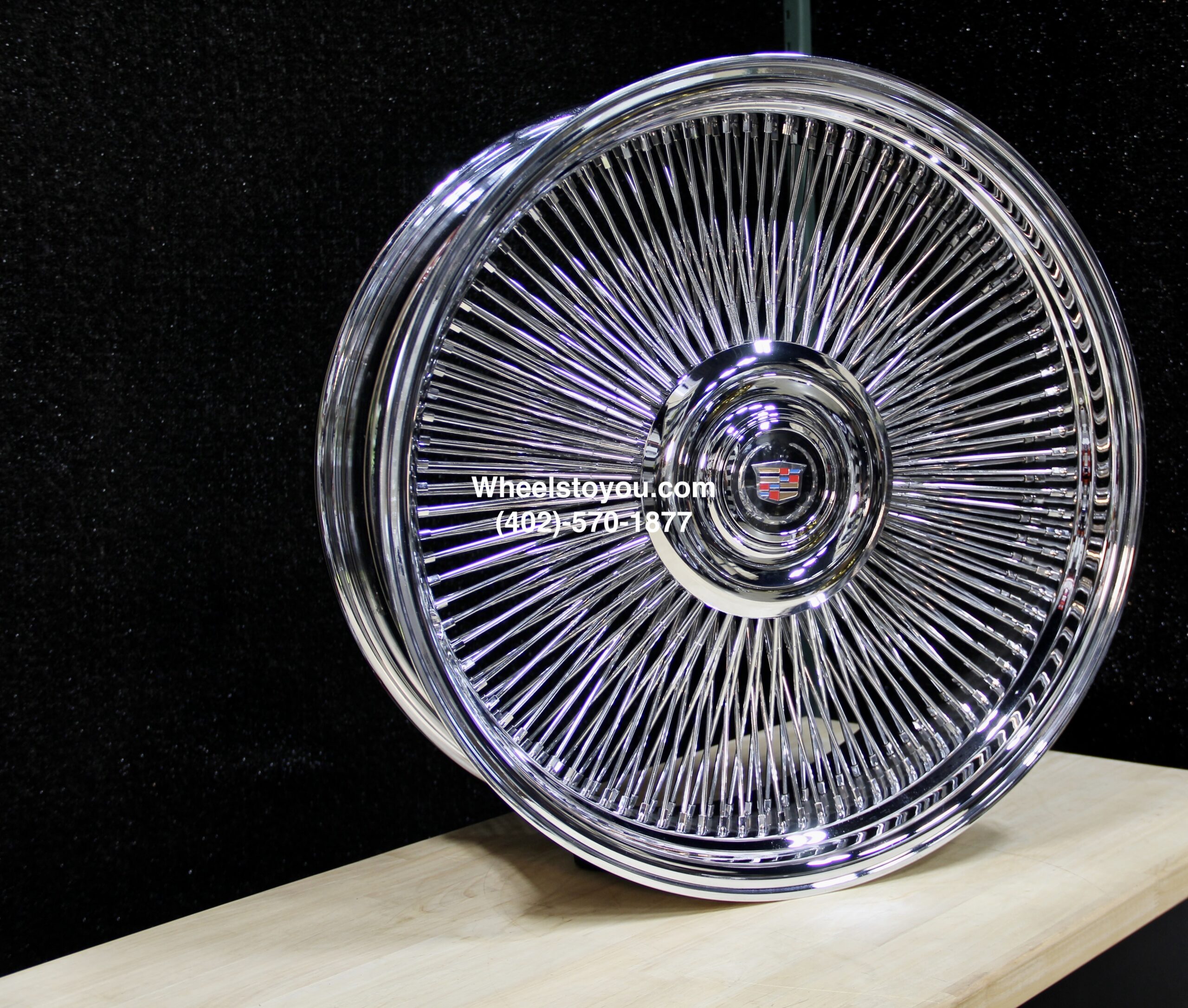 New Set (4) 26" Cadillac Chrome 200 Spoke Direct Bolt Wire Wheels With Floating Caddy Caps - Image 5