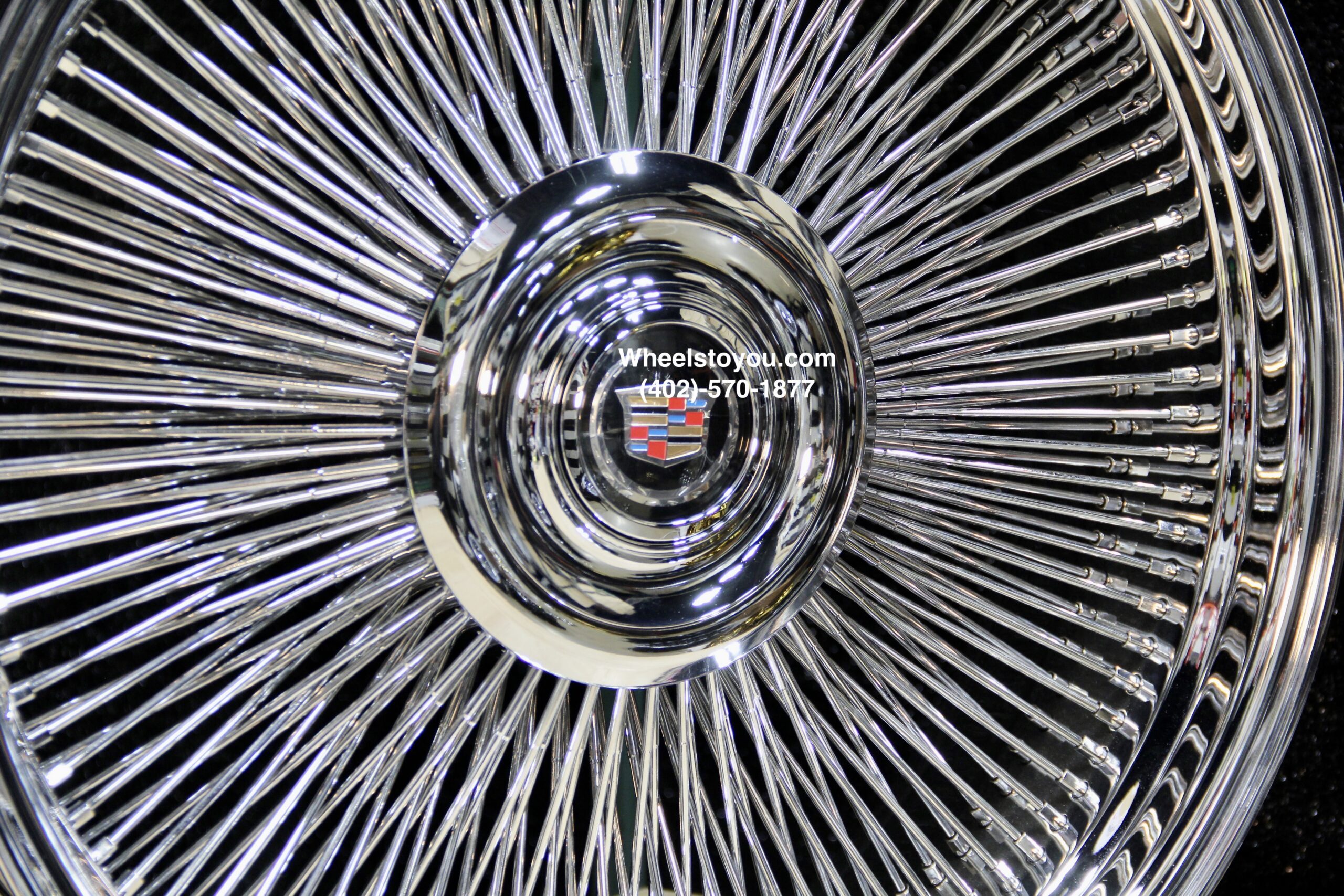 New Set (4) 26" Cadillac Chrome 200 Spoke Direct Bolt Wire Wheels With Floating Caddy Caps - Image 2