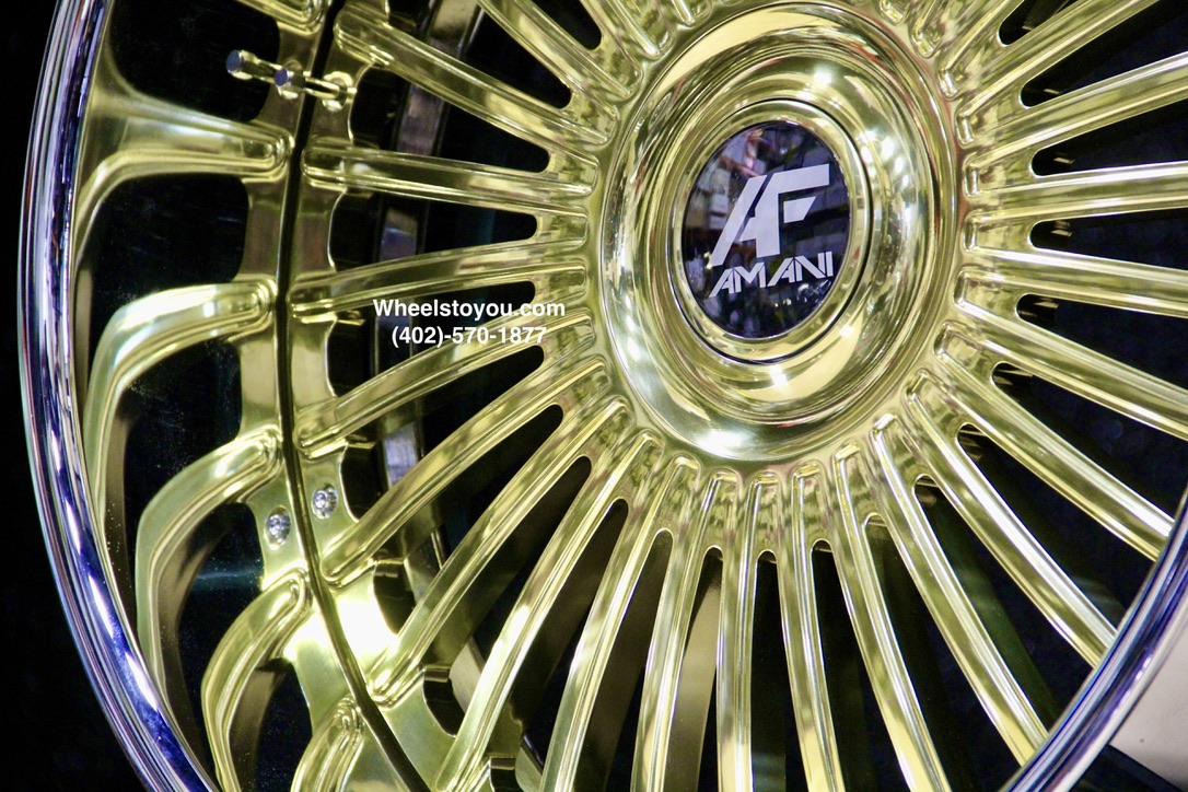 New 24" Staggered Gold & Chrome Floating Cap Amani Forged Wheels 5x4.75 & 5x5" Bolt patterns Set (4) Fit Chevy Chevrolet Caprice Impala Lincoln Mark Continental Donk Buick Oldsmobile Pontiac C10 Box Bubble ETC - Image 10