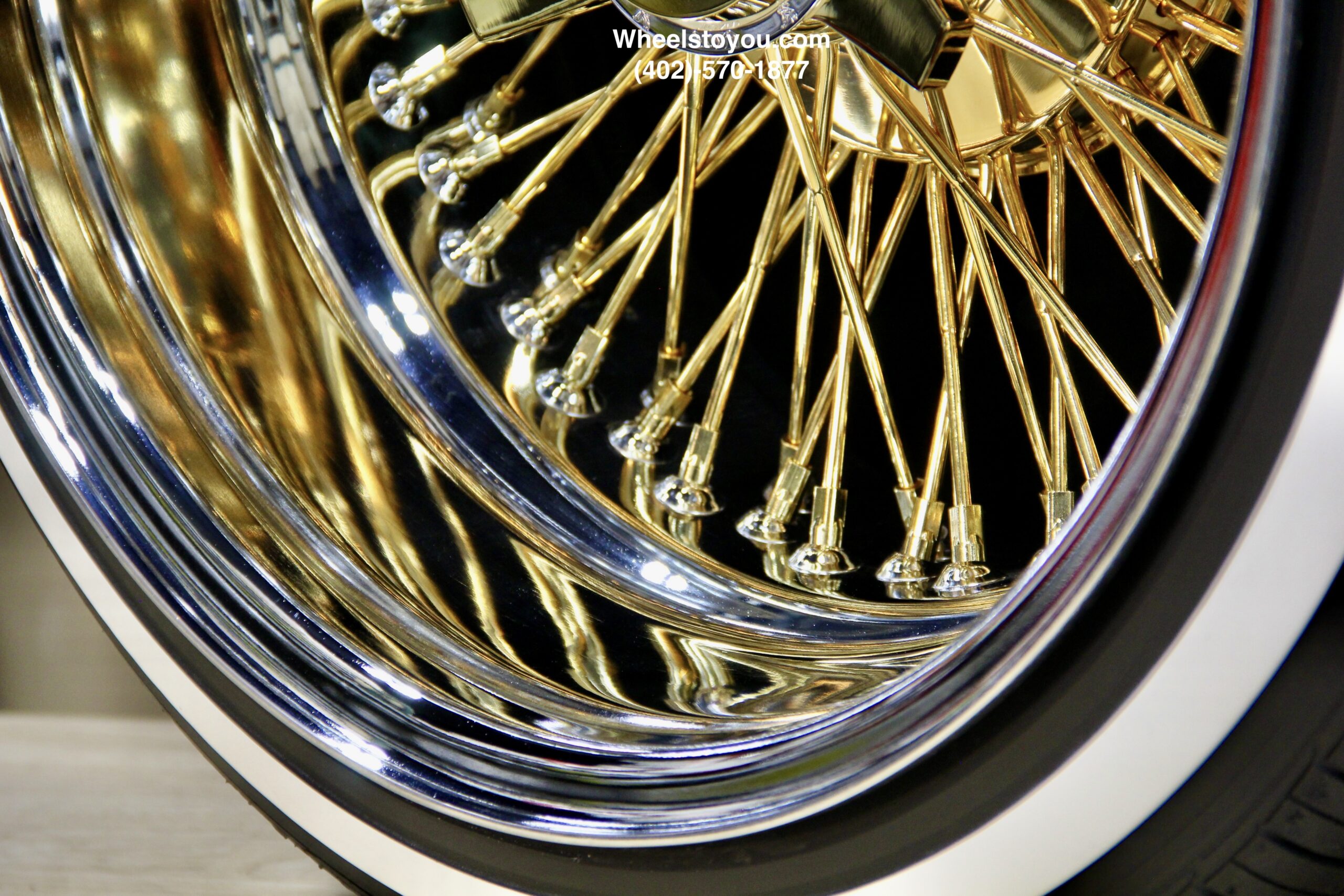 New 17x9" 24KT Gold & Chrome Deep Dish 72 Spoke Knockoff Wire Wheels & Low Profile True Whitewalls Tires Set (4) With Choice Of Hardware - Image 10
