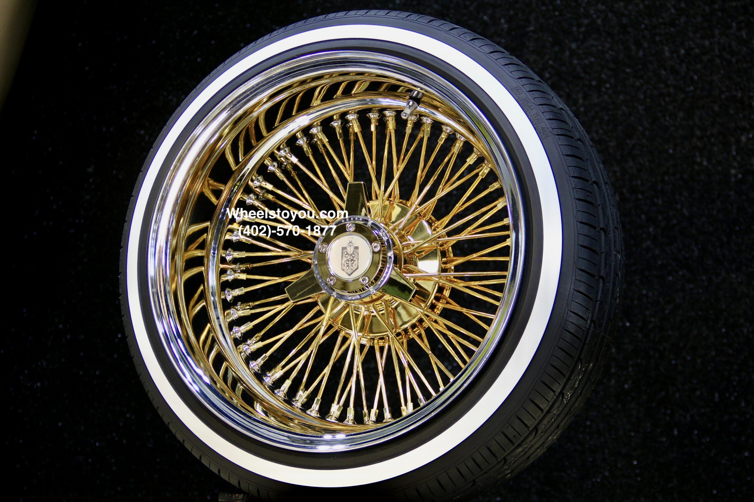 New 17x9" 24KT Gold & Chrome Deep Dish 72 Spoke Knockoff Wire Wheels & Low Profile True Whitewalls Tires Set (4) With Choice Of Hardware - Image 7