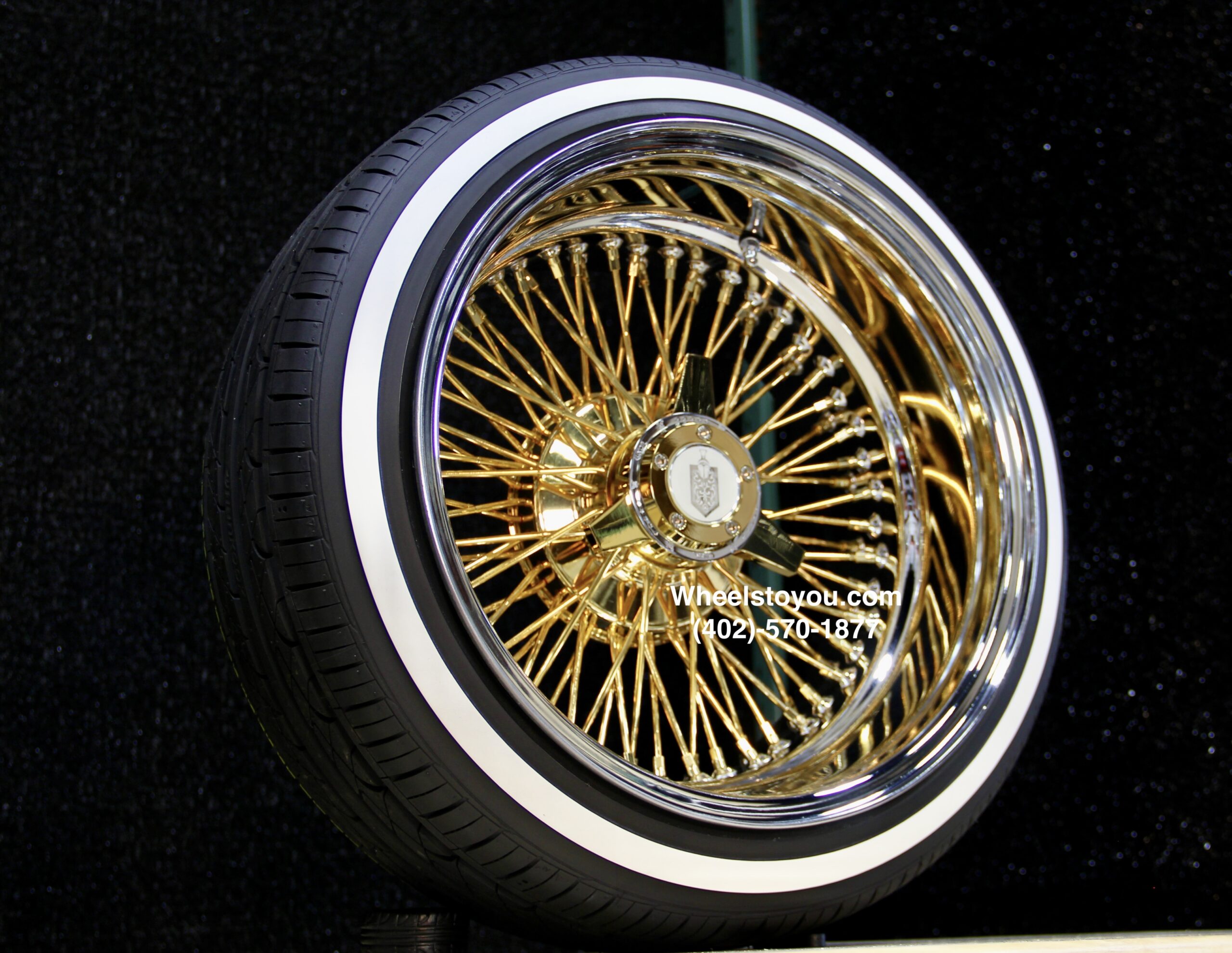 New 17x9" 24KT Gold & Chrome Deep Dish 72 Spoke Knockoff Wire Wheels & Low Profile True Whitewalls Tires Set (4) With Choice Of Hardware - Image 3