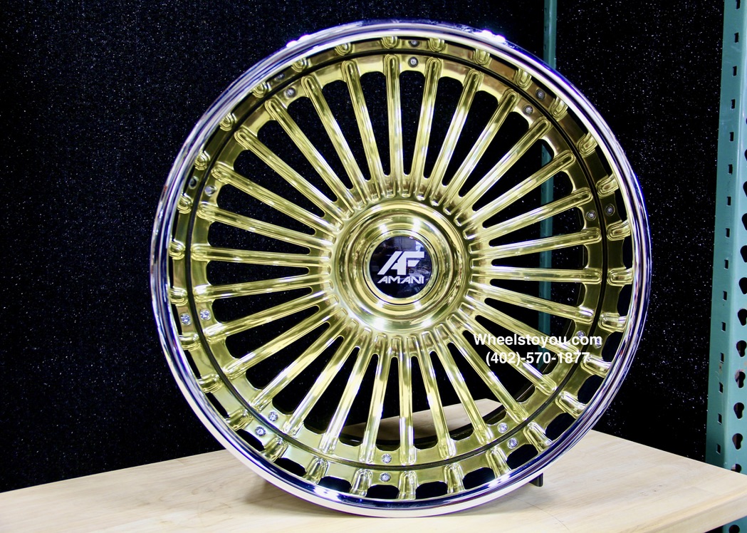 New 24" Staggered Gold & Chrome Floating Cap Amani Forged Wheels 5x4.75 & 5x5" Bolt patterns Set (4) Fit Chevy Chevrolet Caprice Impala Lincoln Mark Continental Donk Buick Oldsmobile Pontiac C10 Box Bubble ETC - Image 3