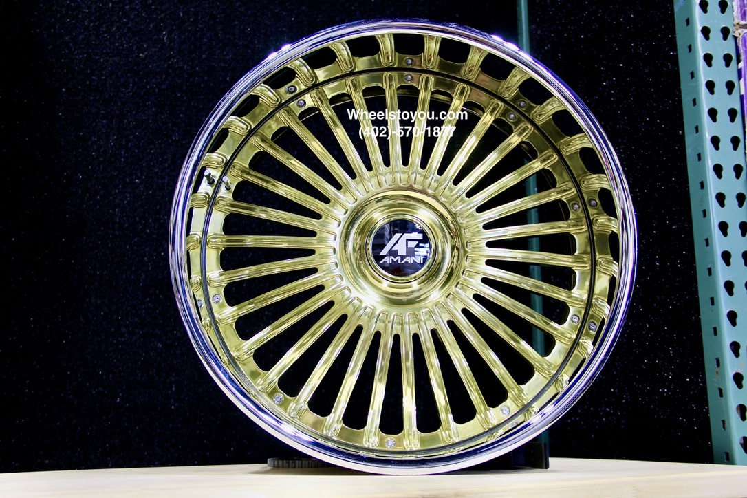 New 24" Staggered Gold & Chrome Floating Cap Amani Forged Wheels 5x4.75 & 5x5" Bolt patterns Set (4) Fit Chevy Chevrolet Caprice Impala Lincoln Mark Continental Donk Buick Oldsmobile Pontiac C10 Box Bubble ETC - Image 4