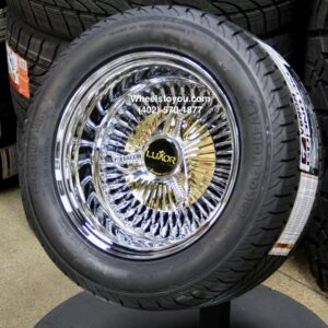 Retro 13x7" New Old Stock Direct Bolt Deep Dish 80 Spoke Wire Wheels & Low Profile Tires Complete set four (4) Fit Four Lug 4x100 4x108 4x114.3