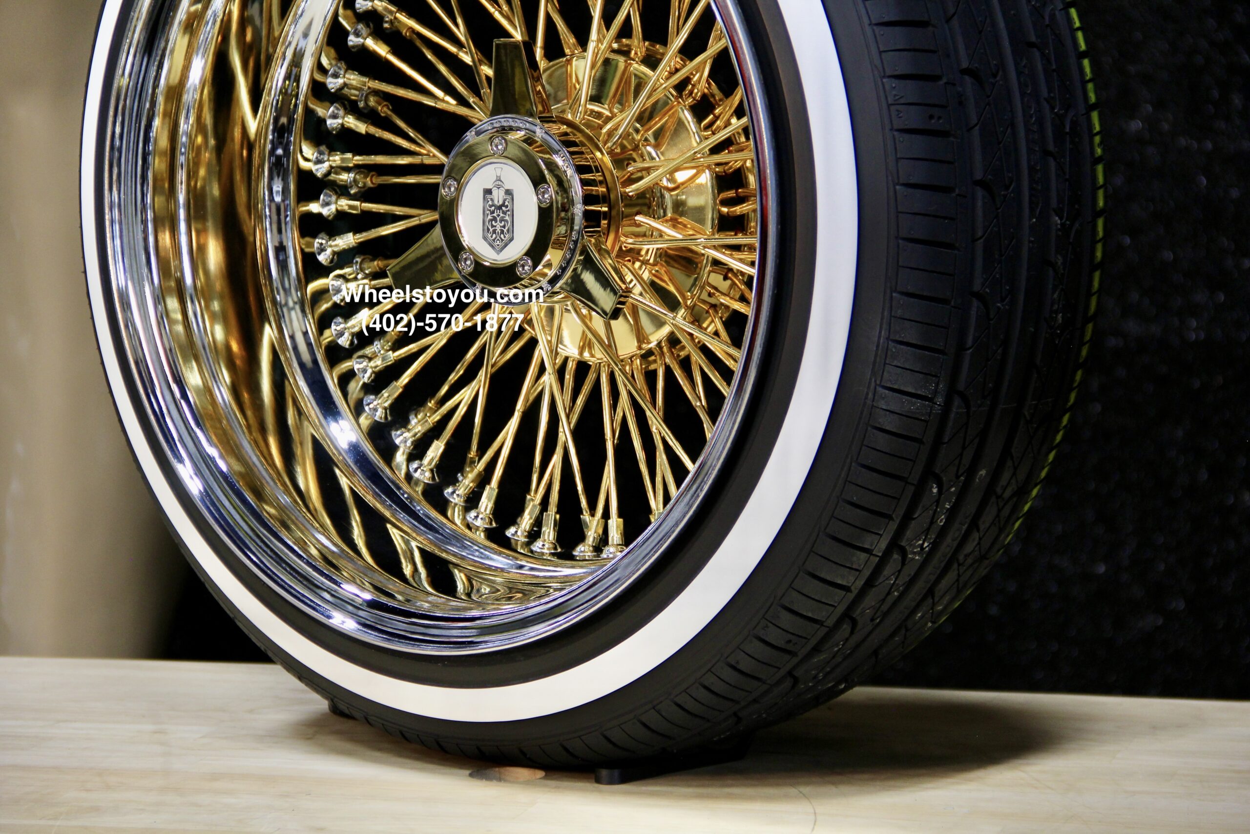 New 17x9" 24KT Gold & Chrome Deep Dish 72 Spoke Knockoff Wire Wheels & Low Profile True Whitewalls Tires Set (4) With Choice Of Hardware - Image 8