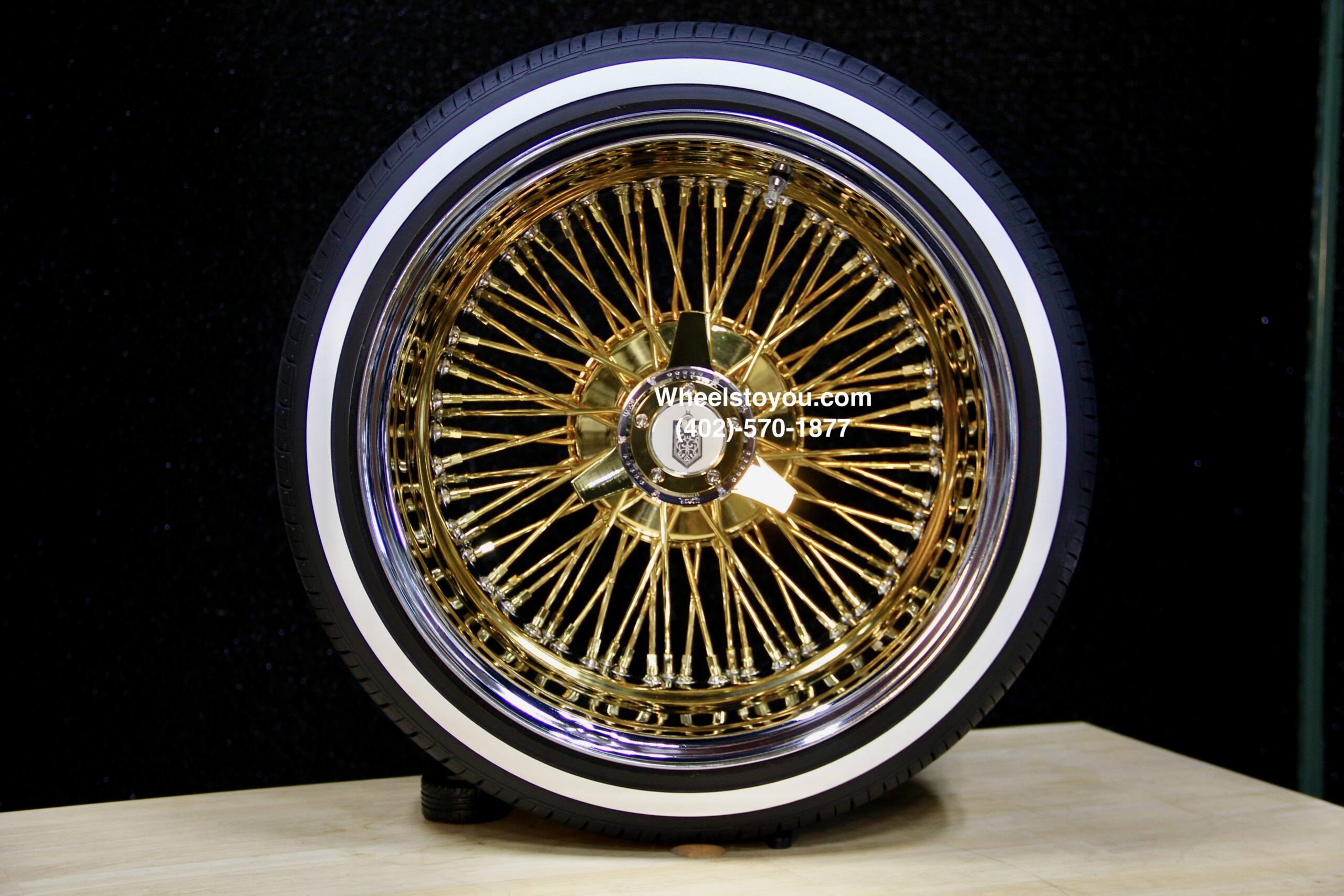 New 17x9" 24KT Gold & Chrome Deep Dish 72 Spoke Knockoff Wire Wheels & Low Profile True Whitewalls Tires Set (4) With Choice Of Hardware - Image 5