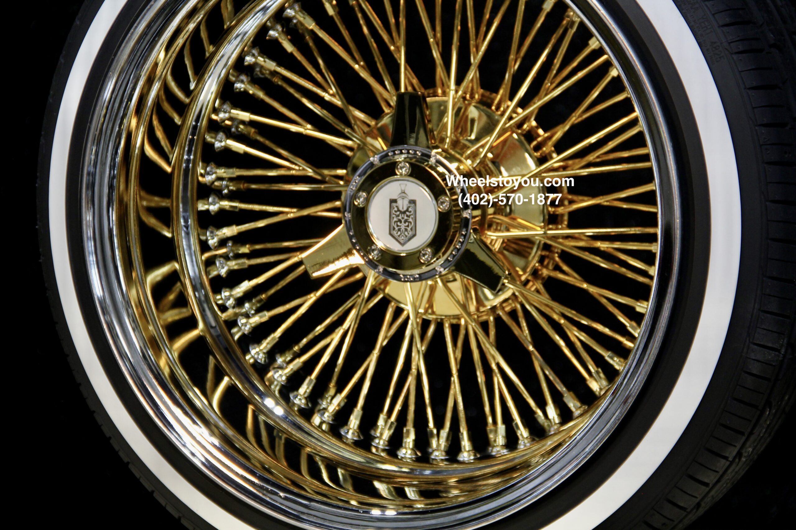 New 17x9" 24KT Gold & Chrome Deep Dish 72 Spoke Knockoff Wire Wheels & Low Profile True Whitewalls Tires Set (4) With Choice Of Hardware - Image 6