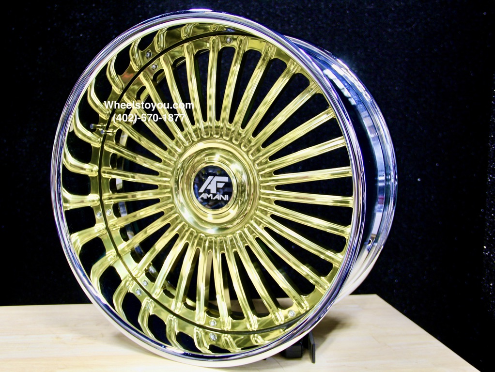 New 24" Staggered Gold & Chrome Floating Cap Amani Forged Wheels 5x4.75 & 5x5" Bolt patterns Set (4) Fit Chevy Chevrolet Caprice Impala Lincoln Mark Continental Donk Buick Oldsmobile Pontiac C10 Box Bubble ETC