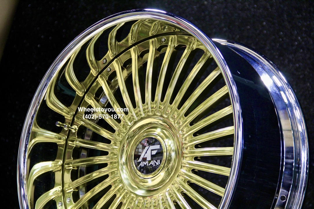New 24" Staggered Gold & Chrome Floating Cap Amani Forged Wheels 5x4.75 & 5x5" Bolt patterns Set (4) Fit Chevy Chevrolet Caprice Impala Lincoln Mark Continental Donk Buick Oldsmobile Pontiac C10 Box Bubble ETC - Image 9