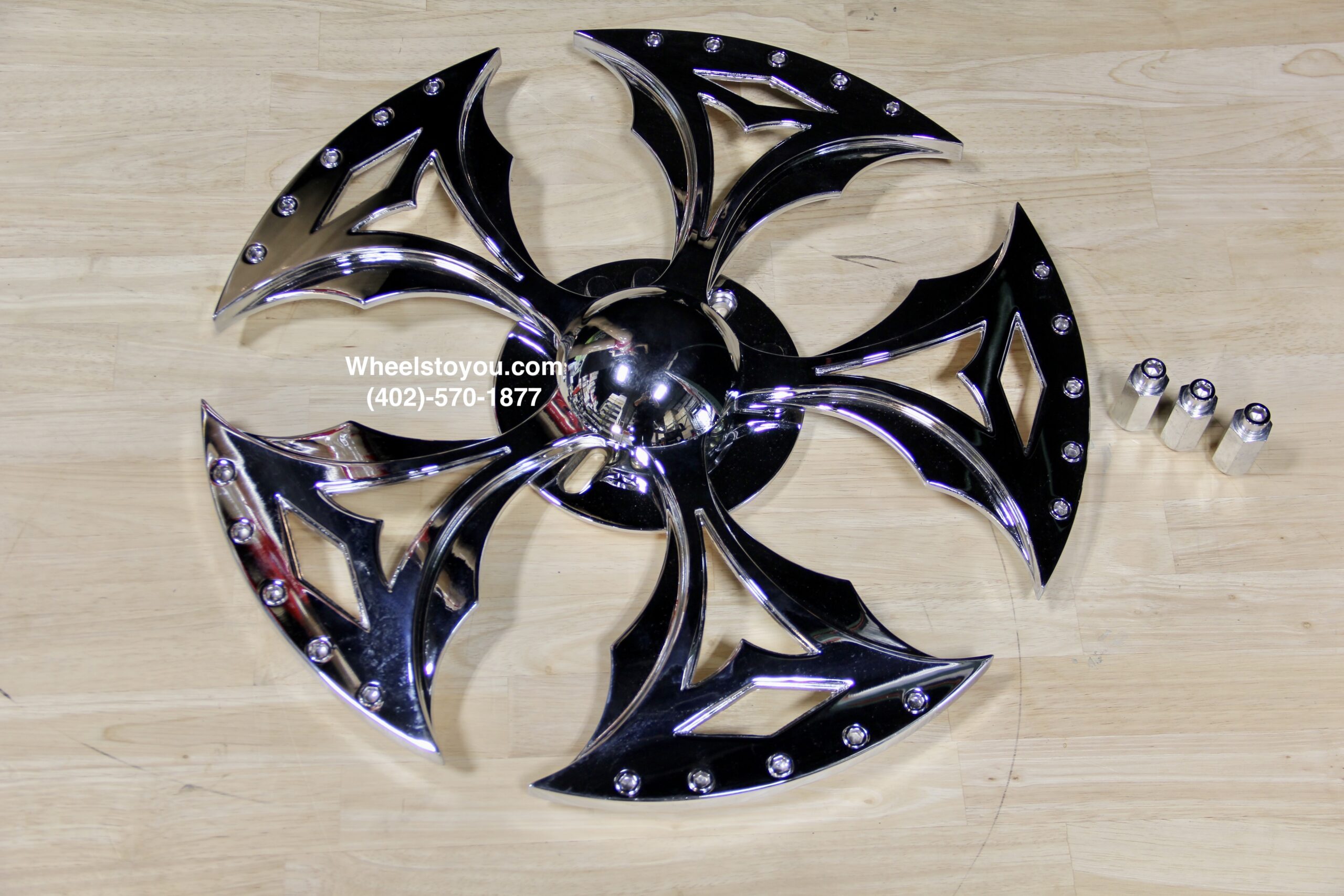 New Set (4) 20" Chrome Spinning Wheel Attachment Kit Float as You Drive, Spin When you Stop Single Bearing Vega Kit