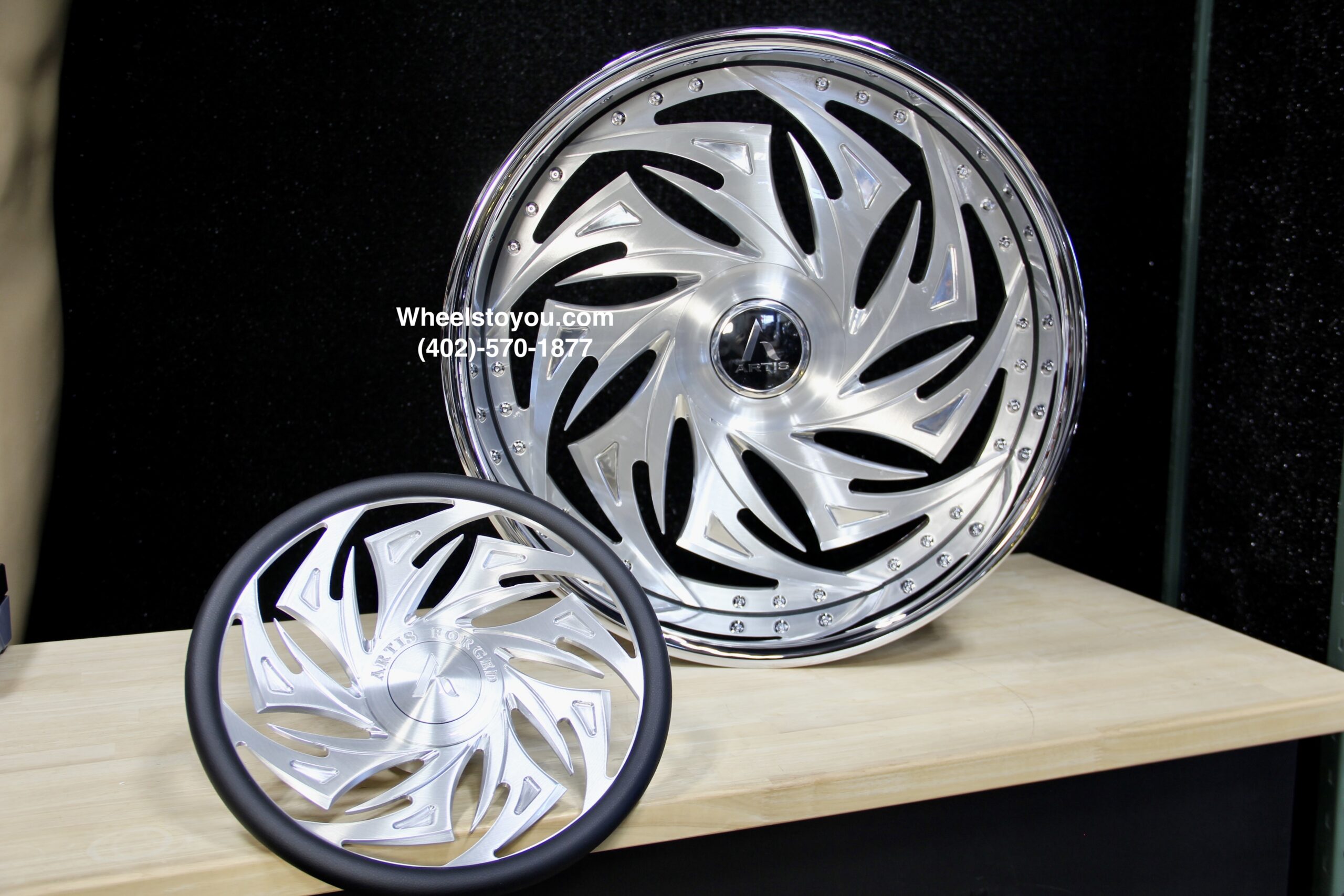 New Set (4) Artis Forged "Macon" 24" Billet Staggered USA MADE Wheels & Steering Wheel 5x4.75" & 5x5" Bolt pattern Set (4) Fit Chevy Chevrolet Caprice Impala Buick Oldsmobile Cutlass Monte Carlo Regal Grand Prix & More