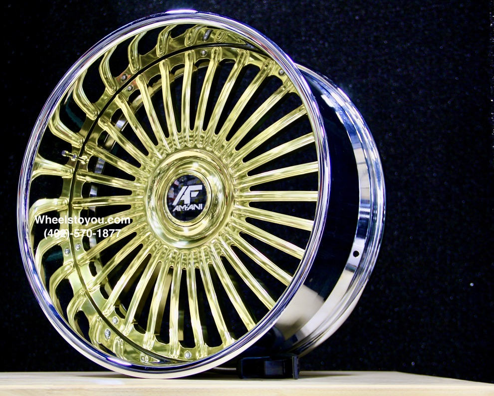 New 24" Staggered Gold & Chrome Floating Cap Amani Forged Wheels 5x4.75 & 5x5" Bolt patterns Set (4) Fit Chevy Chevrolet Caprice Impala Lincoln Mark Continental Donk Buick Oldsmobile Pontiac C10 Box Bubble ETC - Image 5