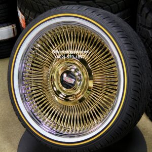 New Set (4) Front Wheel Drive 20" Cadillac Gold & Chrome 150 Spoke Direct Bolt Wire Wheels & 245-40-20 Vogue Tires With Floating Caddy Caps Fit Modern Cadillac CT5 CT6