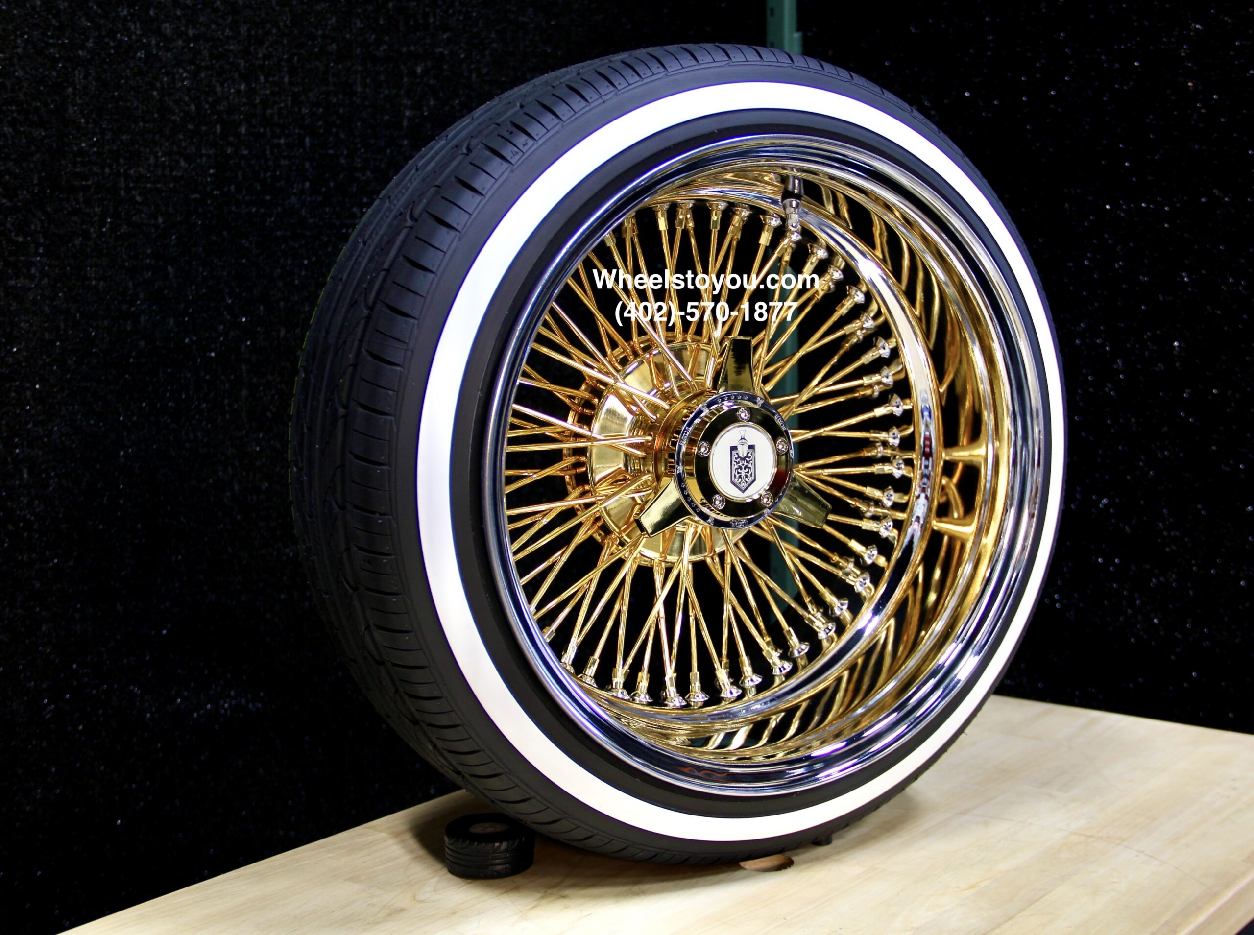 New 17x9" 24KT Gold & Chrome Deep Dish 72 Spoke Knockoff Wire Wheels & Low Profile True Whitewalls Tires Set (4) With Choice Of Hardware - Image 2