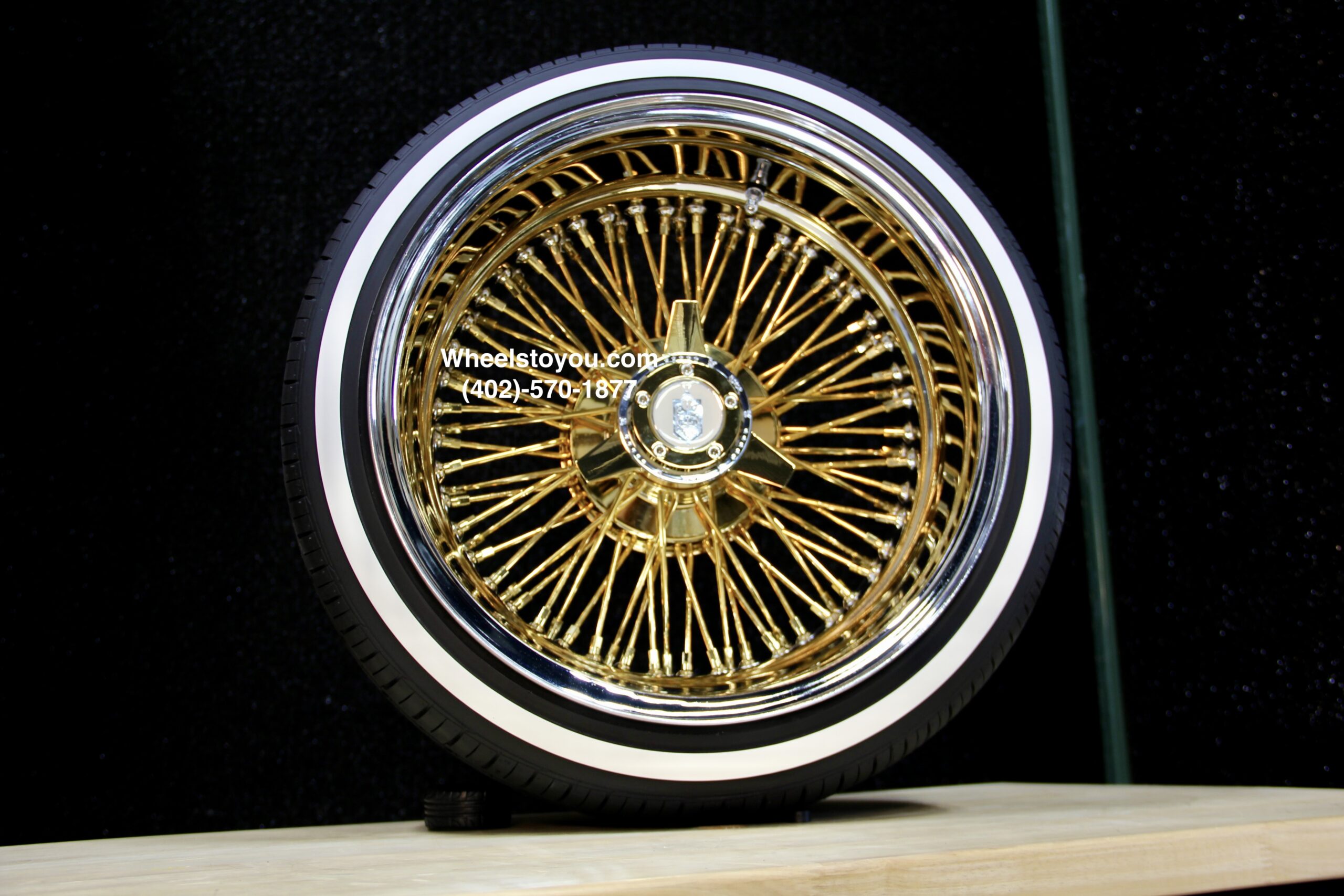 New 17x9" 24KT Gold & Chrome Deep Dish 72 Spoke Knockoff Wire Wheels & Low Profile True Whitewalls Tires Set (4) With Choice Of Hardware - Image 4