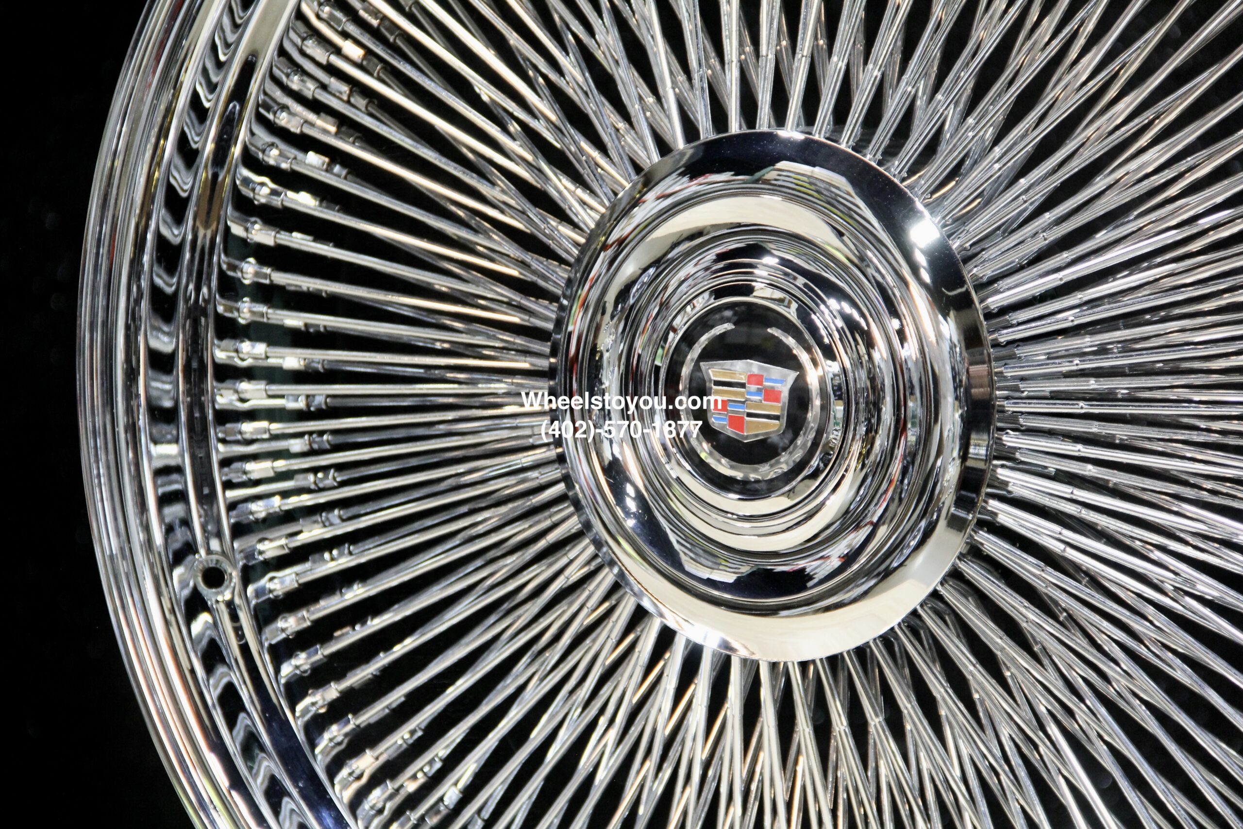 New Set (4) 26" Cadillac Chrome 200 Spoke Direct Bolt Wire Wheels With Floating Caddy Caps - Image 4